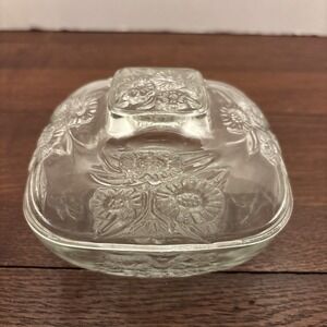 KIG Indonesia Clear Glass Floral Trinket Box Square Lidded Candy Dish Embossed